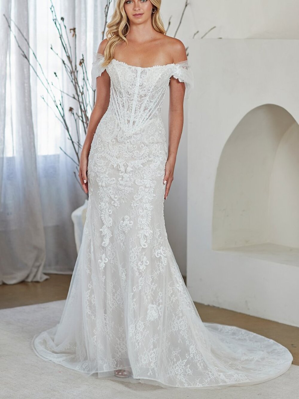 WHITE WEDDING DRESS. OFF THE SHOULDER LACE BEADED BRIDAL GOWN.CHURCH,DESTINATION